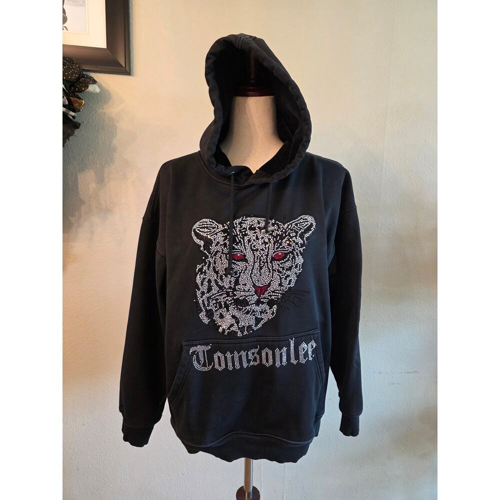 Tomsonlee Black Pullover Hoodie Sweatshirt Leopard Rhinestones SZ Large